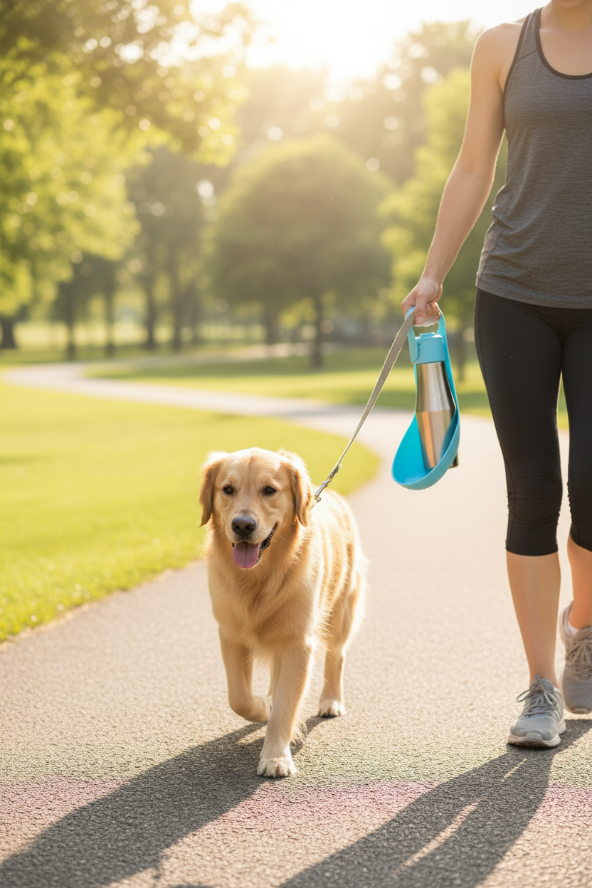 Customer walking dog while holding water bottle