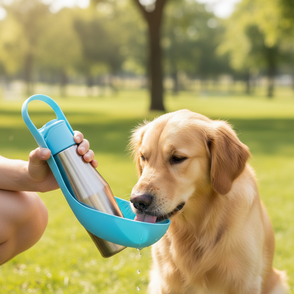 Dog drinking from portable water bottle
